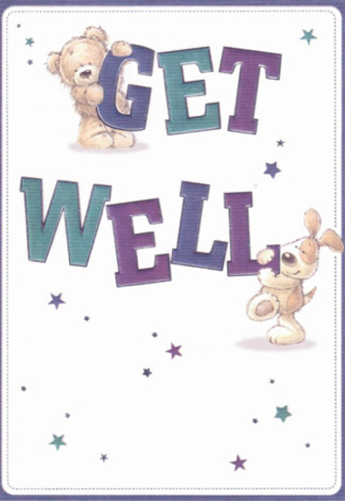 This illustrated get well card glows with a sense of gentle encouragement and community spirit, as if infused with the caring atmosphere of Downe village. At its heart, a wide-eyed teddy bear and floppy-eared puppy, both rendered with remarkable detail, appear mid-play atop and beside plush, oversized lettering spelling out 'Get Well.' Their fur seems soft enough to touch, recalling the tactile satisfaction of running one's hand over the petals of a freshly tied bouquet from a local florist on Main Road. Bold type shaded in layers of purple and aqua grounds the scene in festive optimism, while a constellation of playful stars in indigo and teal dances across the crisp white background, sharing a dusting of hope. The card's airy mood is uplifting, perfect for lightening the heart during recovery. The way the characters interact-with friendly faces and gentle gestures-mirrors how Downe neighbours come together to wish each other well. Envision sending this card alongside a floral arrangement; together, they create a gesture that radiates positivity and heartfelt local care, suited for every age and occasion.