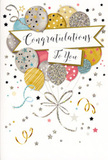 The image shows a tall congratulations card whose design resembles a joyful bouquet of balloons floating above Downe's rooftops. At the centre, overlapping balloons in soft metallic hues of gold, silver, champagne, blue, blush pink, and muted grey form a rounded cluster, like a festive arrangement gathered with care. Each balloon is decorated with its own pattern-sparkling stars, fine glitter dusting, slender stripes, and tiny confetti dots-giving the group a sense of texture and individuality, as if each represents a different happy achievement. Slender ribbons in shimmering gold and silver spill downward in sweeping curls, interlacing at the bottom and adding graceful movement. Across the middle of the balloons, a white banner appears to float, inscribed with Congratulations To You in elegant calligraphy that feels both warm and stylish. The background is softly toned and scattered with metallic stars, swirling streamers, and delicate flecks that imitate confetti tossed in the air after sharing good news along Downe's quiet village streets. Nothing in the design feels crowded; instead, there is plenty of breathing space, allowing the sparkle and details to stand out, much like a carefully arranged bouquet set on a clear table. You can imagine the subtle shine catching the light on a windowsill, the raised glitter giving a gentle tactile sensation when you run your fingers across it. This card suits milestones from exam passes to new homes or promotions, especially when paired with fresh flowers from a local Downe florist, creating a complete gesture of congratulations that feels sincere, polished, and joyfully personal.